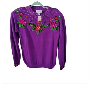 Vintage Angora Sequined Sweater Floral Pullover Knit